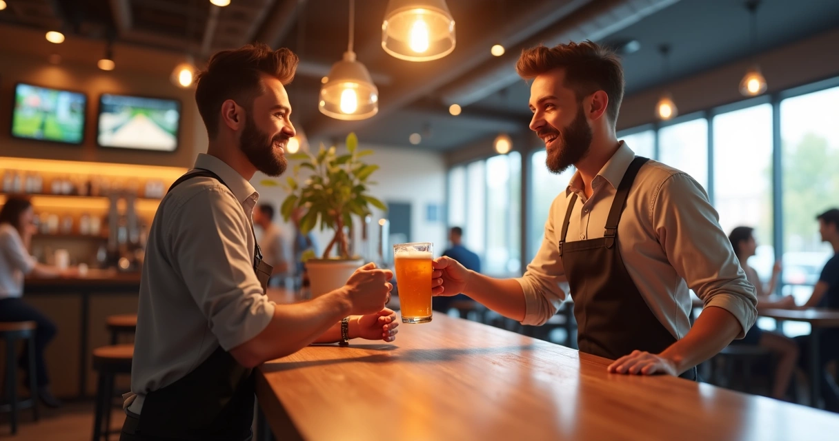 Cliente sorrindo sendo atendido por garçom em bar moderno