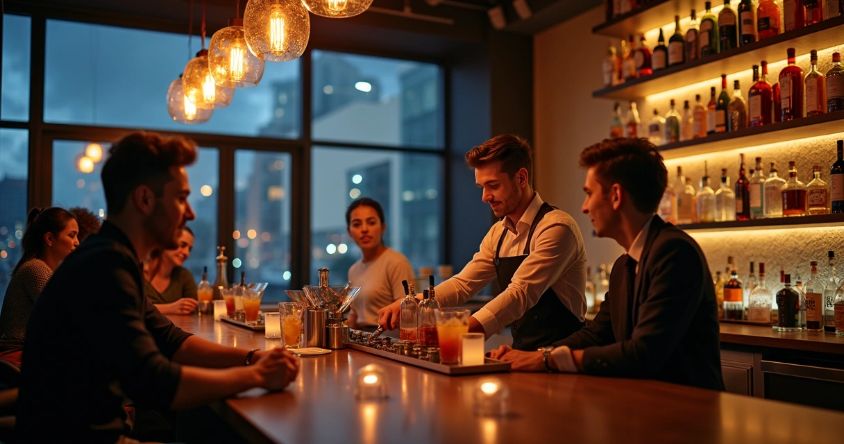 Bartender servindo drinks para clientes em um bar moderno 