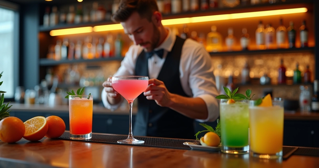 Balcão de bar com variedade de drinks coloridos e bartender preparando coquetel 
