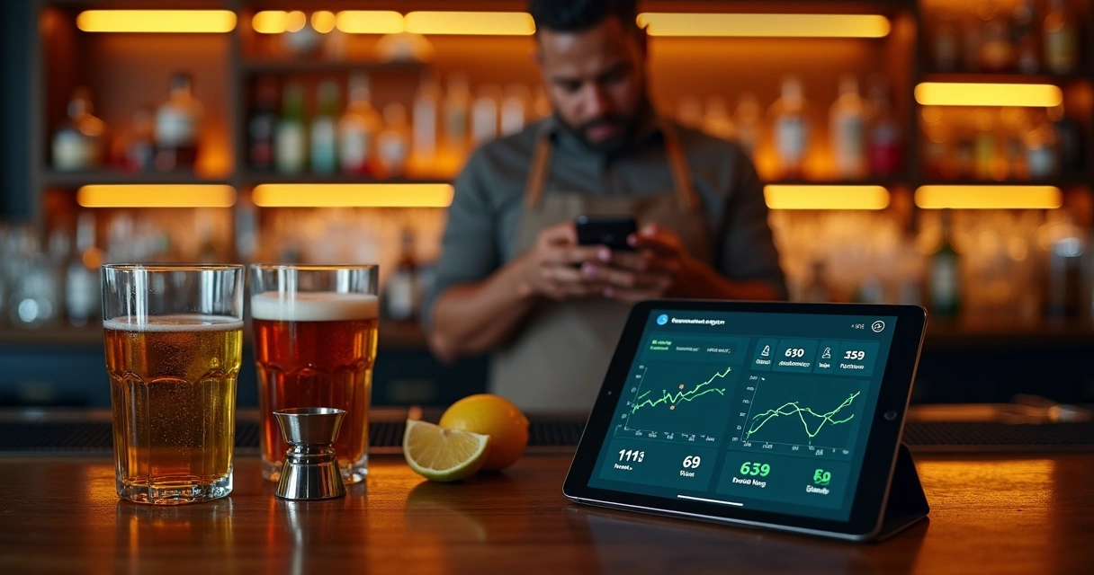 Balcão de bar com garrafas e tablet mostrando controle em tempo real para reduzir desperdício 
