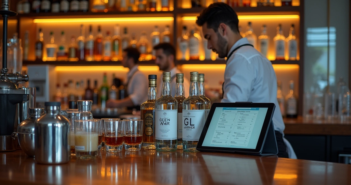 Balcão de bar organizado com prateleiras e etiquetas de identificação nos produtos 