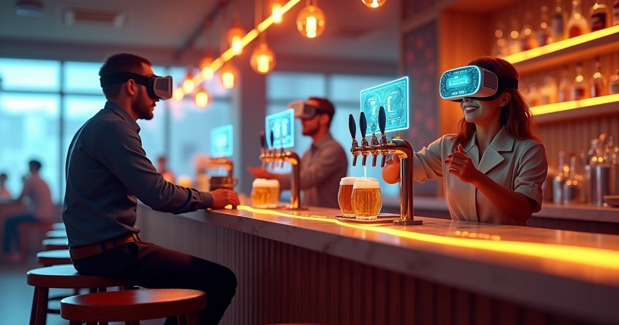 Clientes experimentando chope com óculos VR e torneiras inteligentes futuristas
