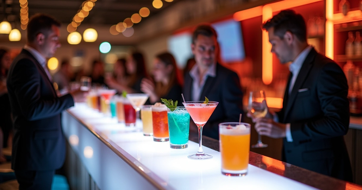 Bar em evento corporativo com diversos drinks coloridos em balcão iluminado 