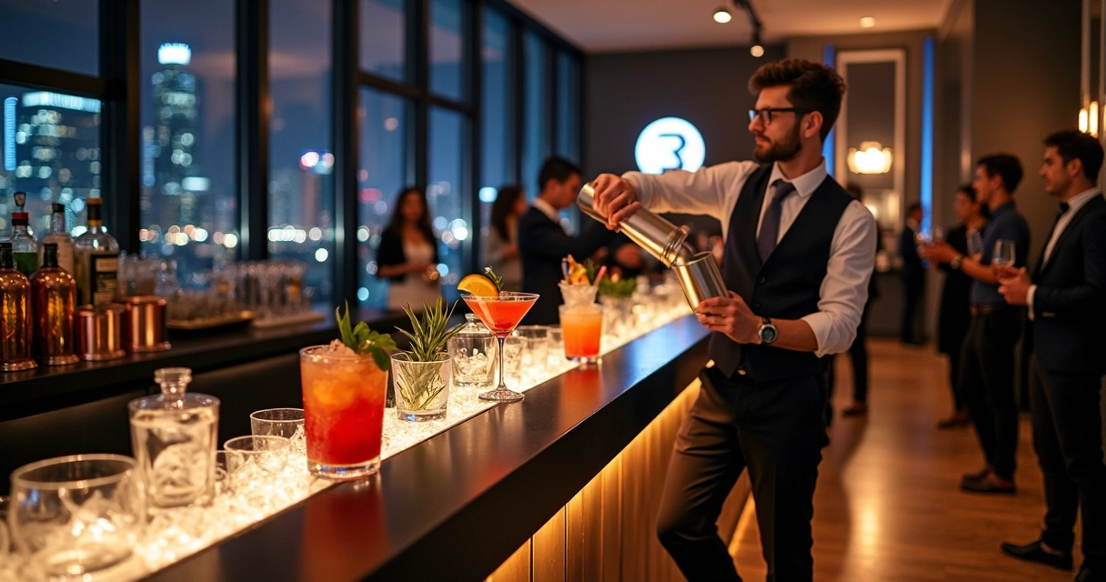 Bar de coquetéis elegante em evento corporativo com convidados interagindo 