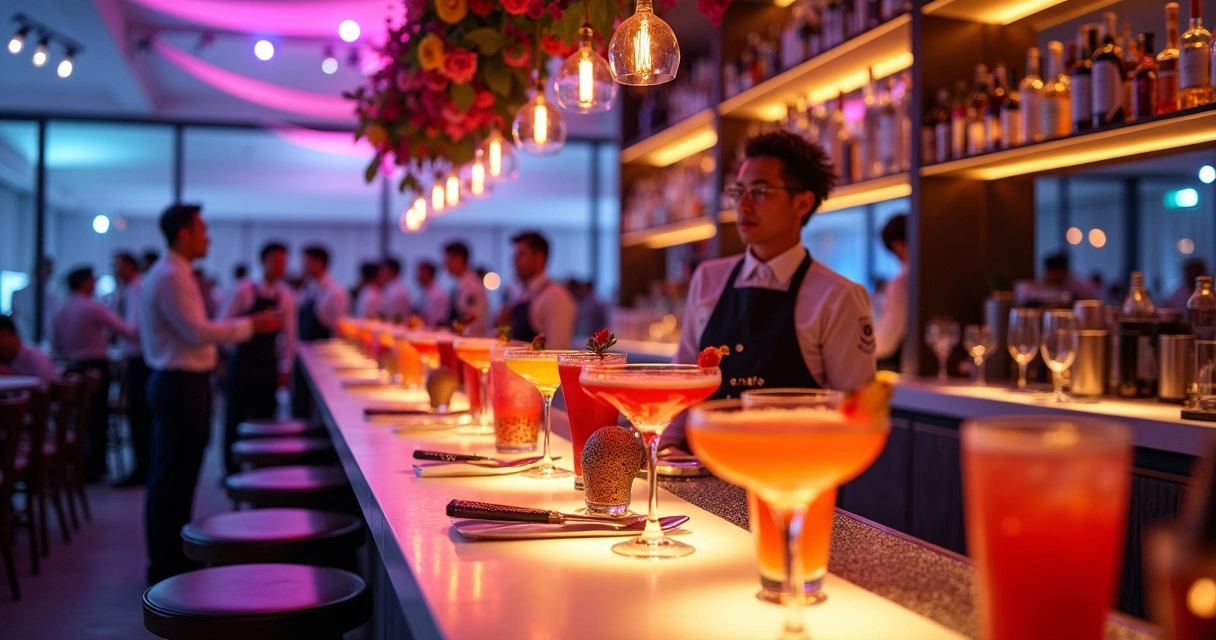 Bar decorado para evento com drinks coloridos prontos para servir 