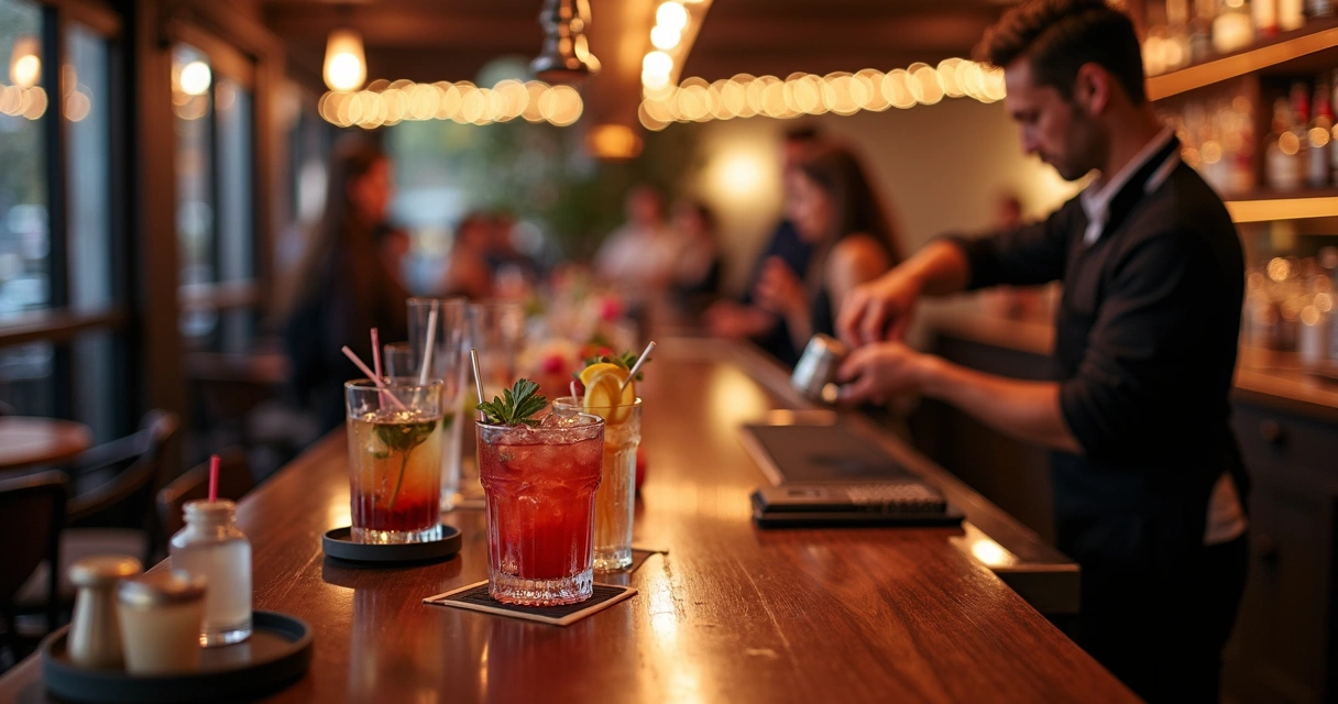 Bar de evento com bartender em ação, servindo drinks 