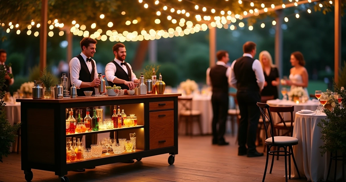 Bar itinerante elegante atendendo convidados em festa de casamento ao ar livre 