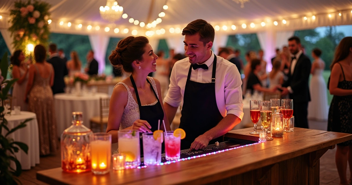 Bar itinerante montado em festa com balcão de madeira, bartenders servindo drinks e decoração elegante 