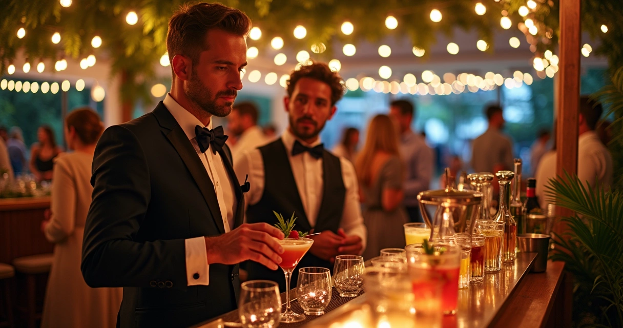 Bar itinerante montado para evento luxuoso, com bartender preparando drinks 