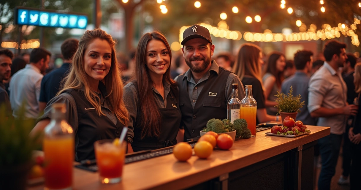 Equipe de bartenders posando em frente ao bar itinerante, usando uniformes e sorrindo para foto em evento festivo 