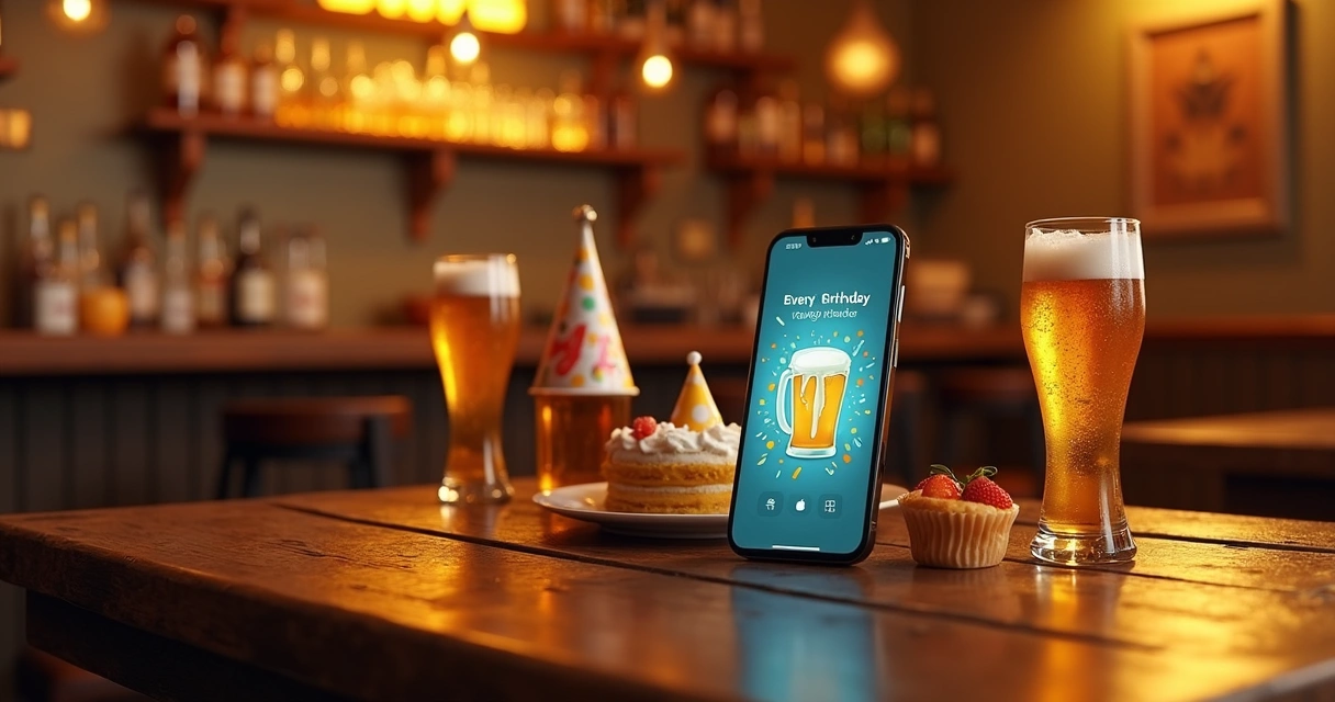 Mensagem personalizada de aniversário em bar com smartphone 