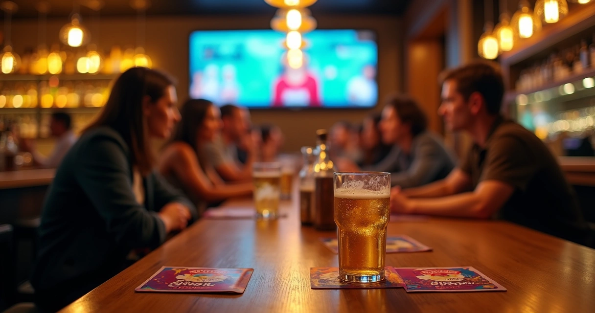 Clientes em bar moderno interagindo com porta-copos e telas de mídia indoor 