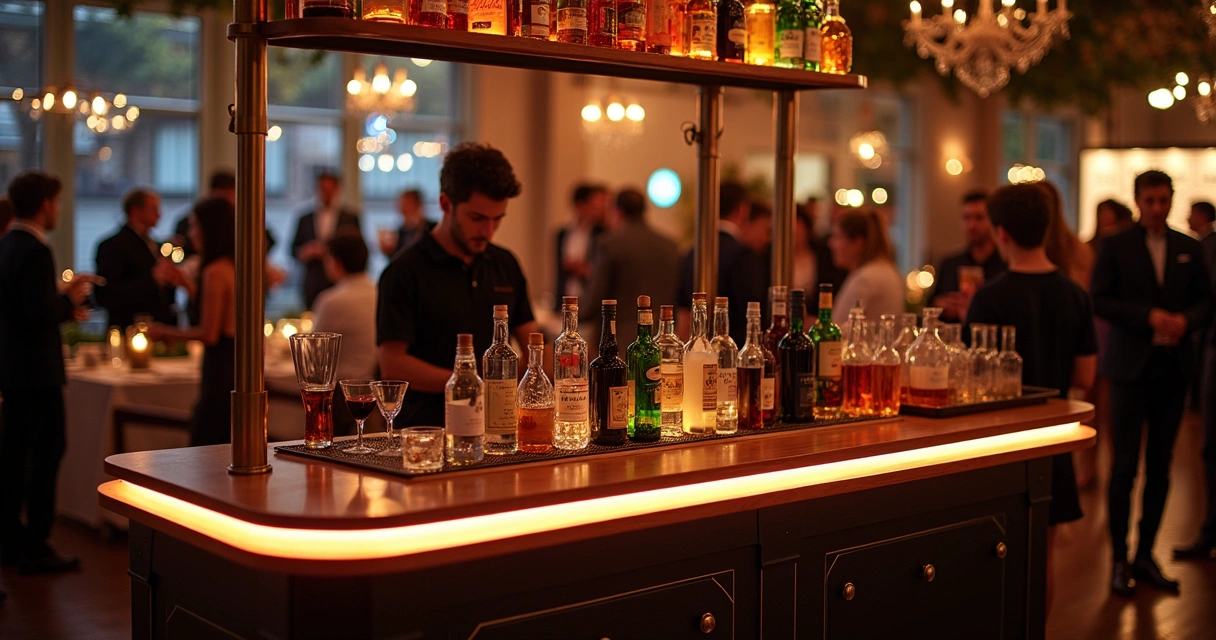 Balcão de bar móvel decorado para evento com luzes, garrafas expostas e bartender servindo drinks