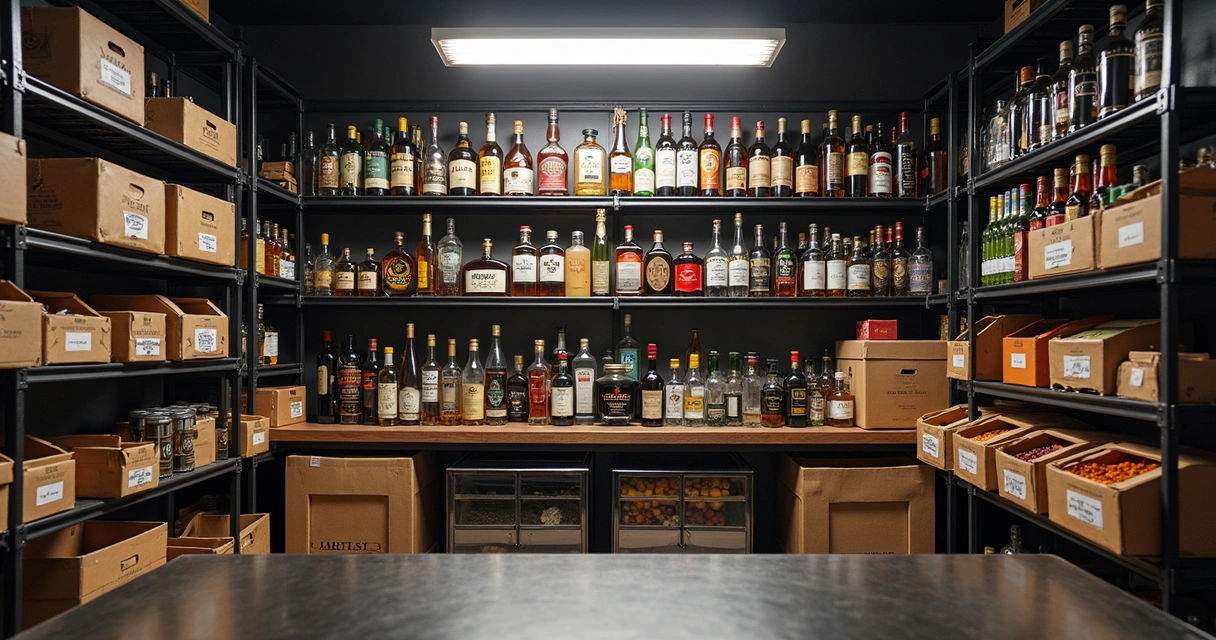Prateleiras de depósito com bebidas etiquetadas e separação eficiente de produtos 