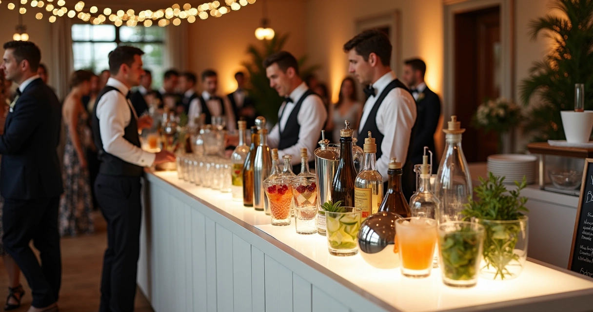 Bar de coquetéis montado em evento de casamento elegante com equipe atendendo convidados 