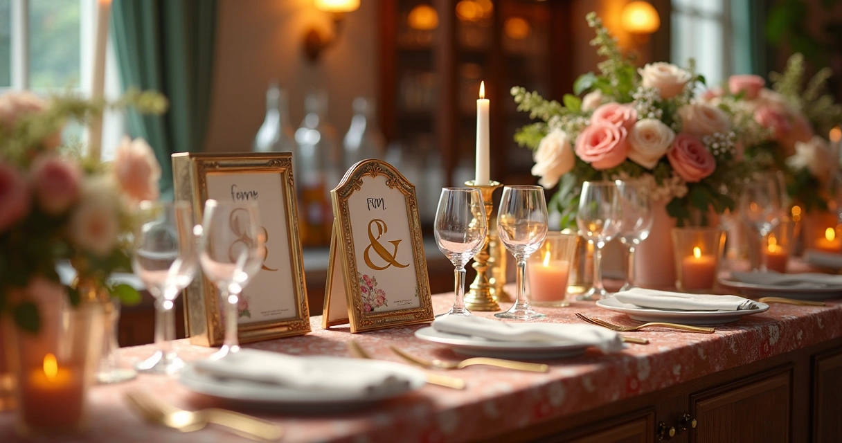 Balcão decorado de bar de casamento com placa personalizada e flores 