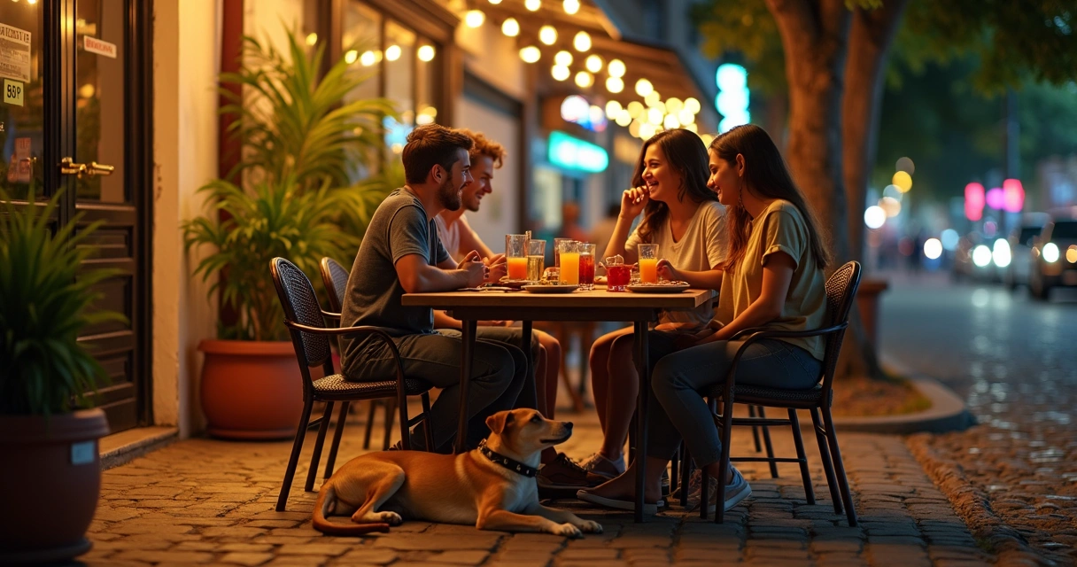 Grupo de amigos em bar ao ar livre com cachorro na coleira ao lado da mesa 