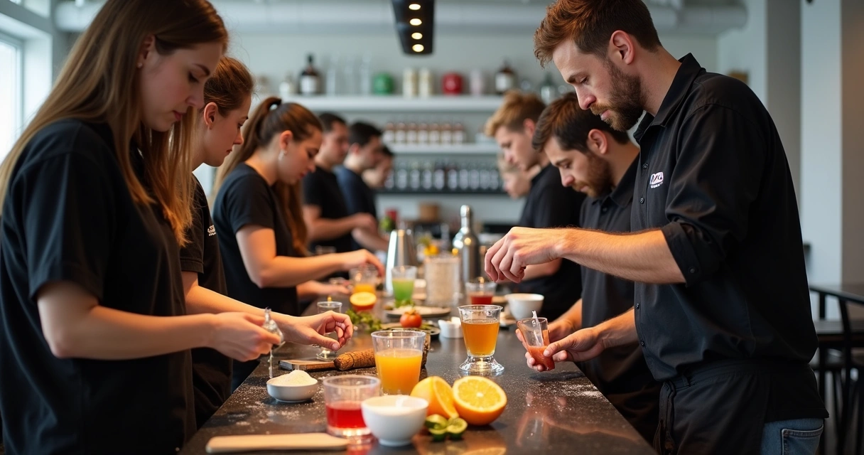 Turma de bartenders aprendendo a preparar cordial durante curso em escola de coquetelaria.