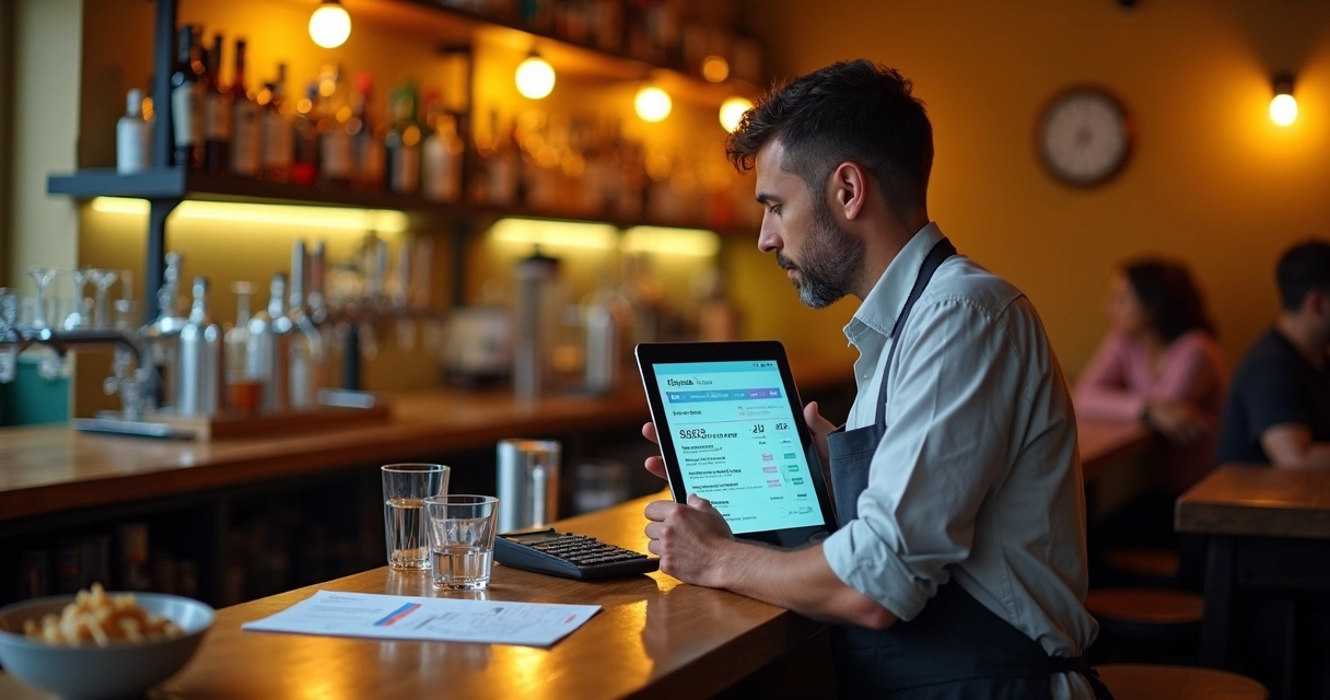 Dono de bar conferindo tablet com nota fiscal entre prateleiras de bebidas 