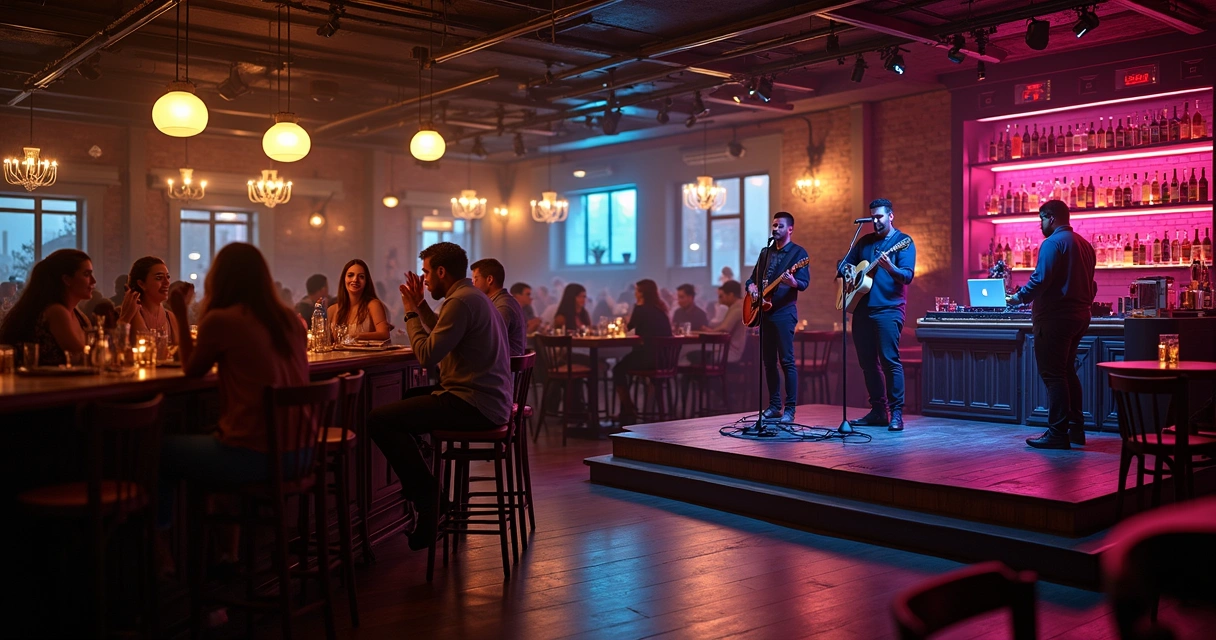 Palco com banda e DJ em bar restaurante cheio de clientes 