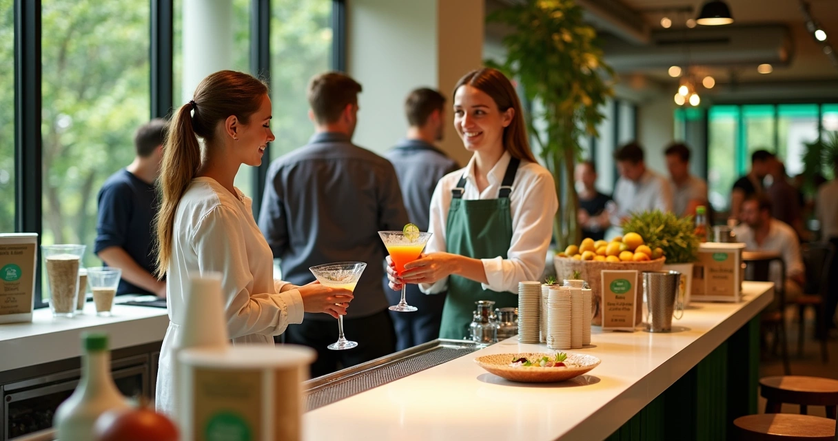 Bar de evento com copos biodegradáveis e lixeira de reciclagem 