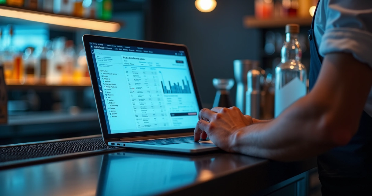 Sistema de gestão financeira em laptop no balcão do bar, bartender usando tela digital 