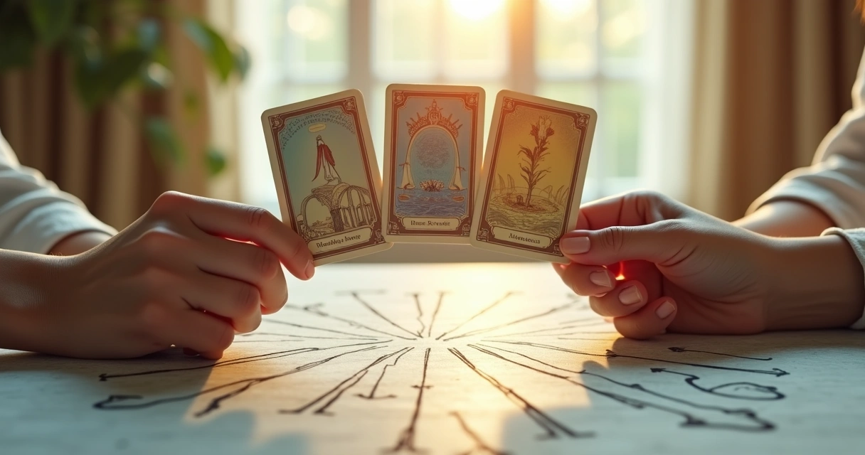 Duas mãos femininas segurando cartas de baralho cigano diante de vários caminhos representados na mesa 