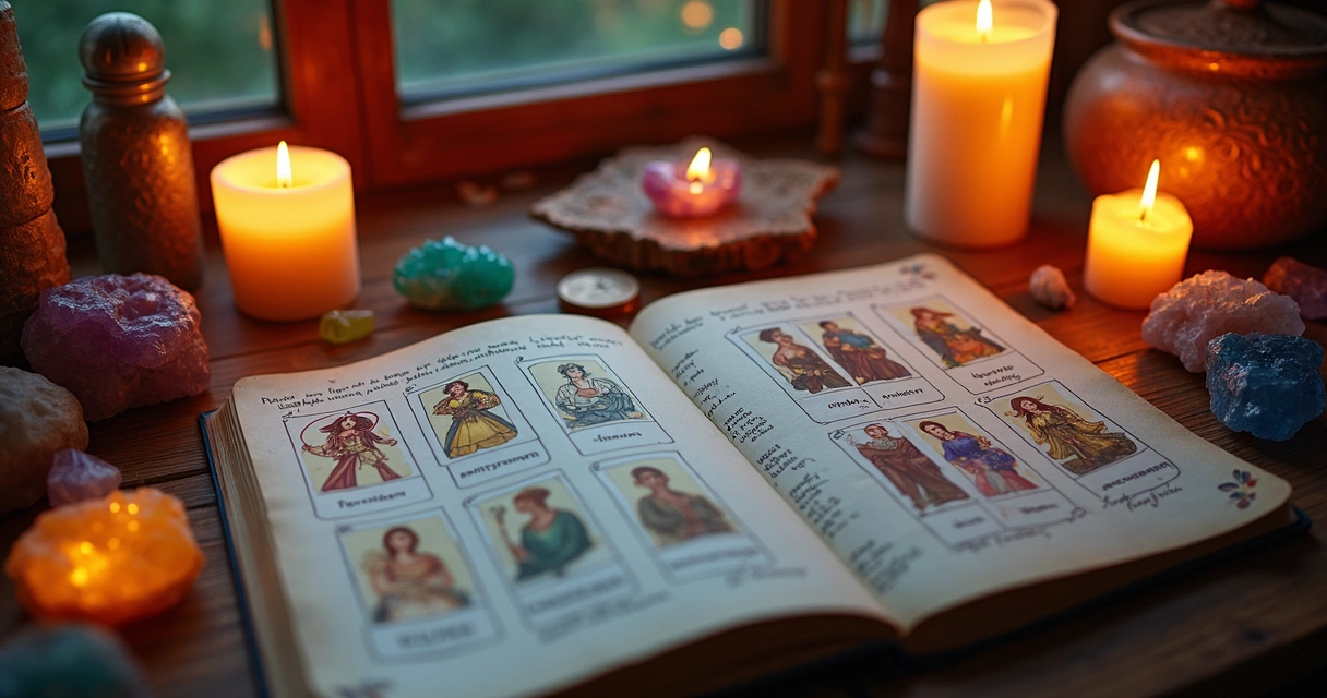 Cartas de baralho cigano espalhadas sobre mesa com velas acesas ao fundo