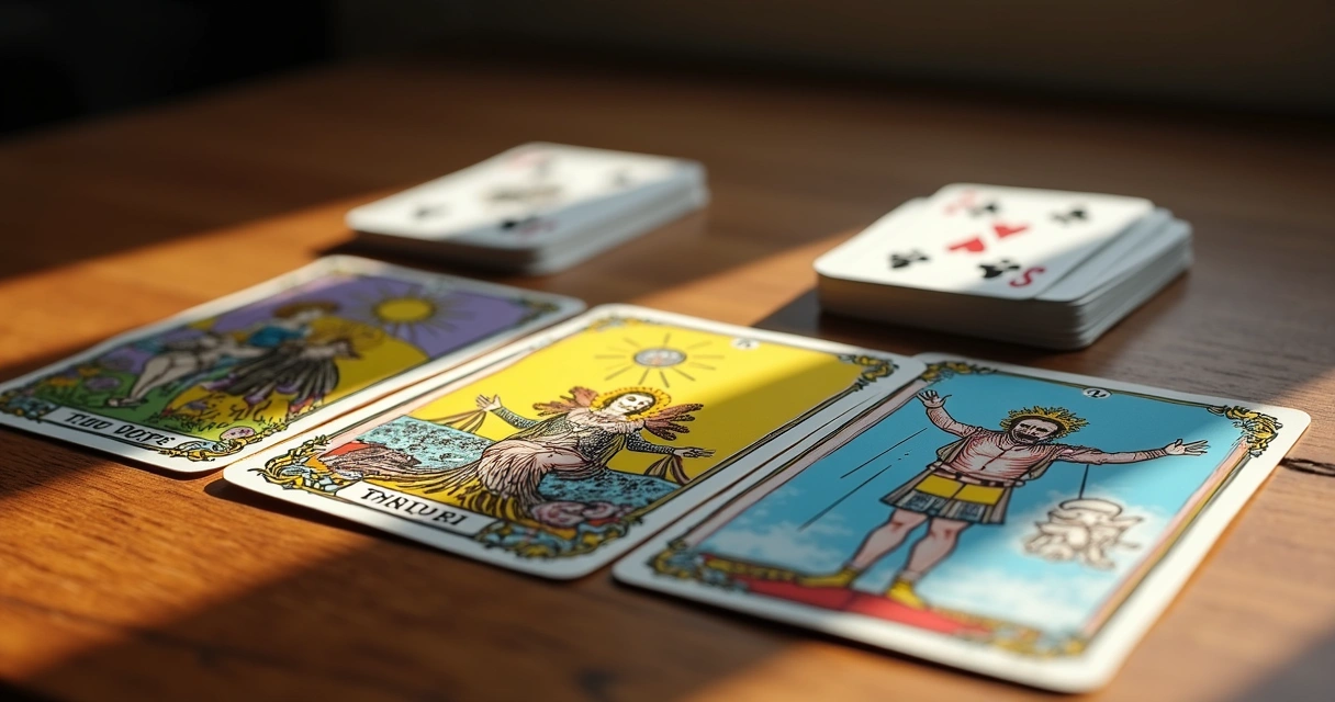 Baralho e cartas de tarô dispostos sobre mesa de madeira 