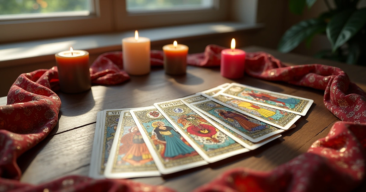 Cartas de baralho cigano organizadas sobre uma mesa esotérica