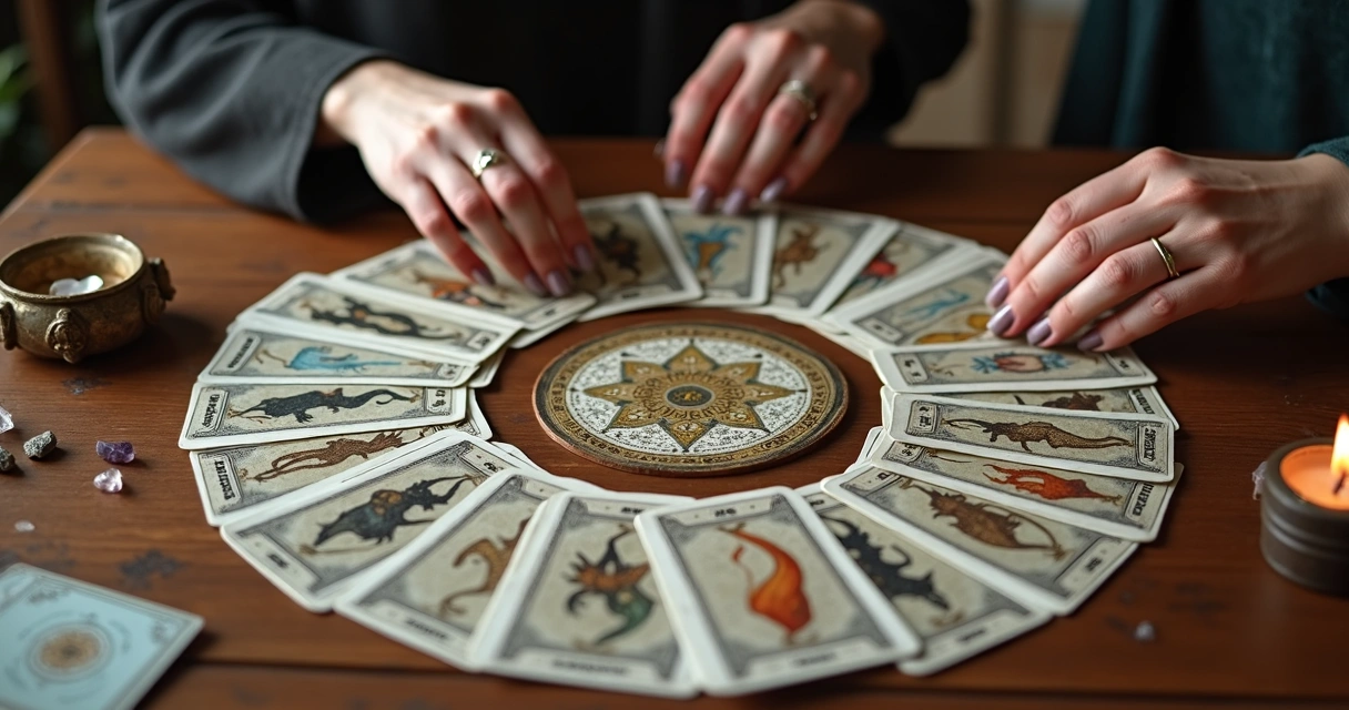 Cartas do baralho cigano dispostas em círculo na mesa, com destaque para cartas da Cobra e Rato, ao fundo luz ambiente suave e mãos femininas próximas
