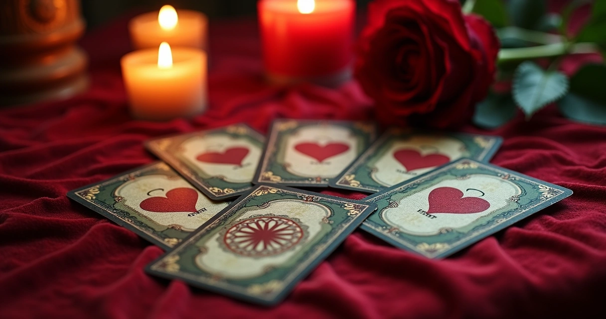 Cartas do baralho cigano com símbolos de amor e traição espalhadas sobre uma mesa de veludo vermelho.