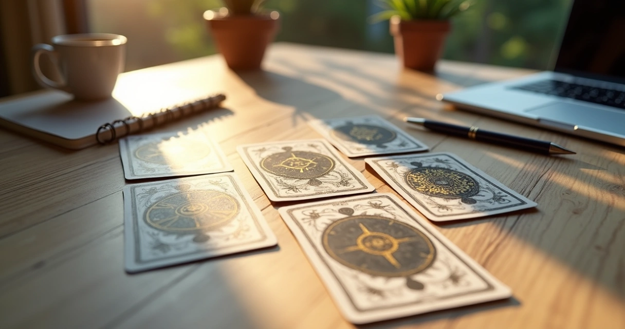 Cartas do baralho cigano e objetos de escritório sobre mesa clara 