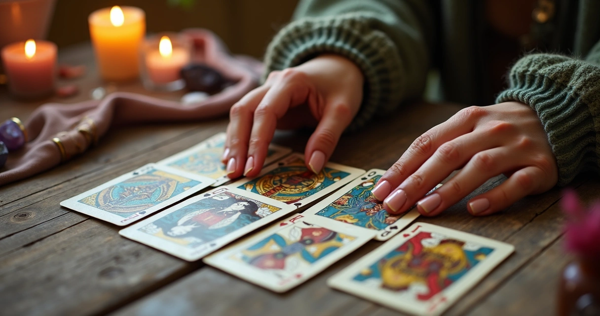 Cartas de corte do baralho cigano em uma mesa, com mãos femininas ao redor 