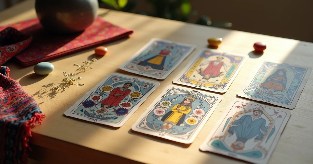 Cartas do baralho cigano posicionadas de forma invertida em superfície de madeira clara, luz suave 