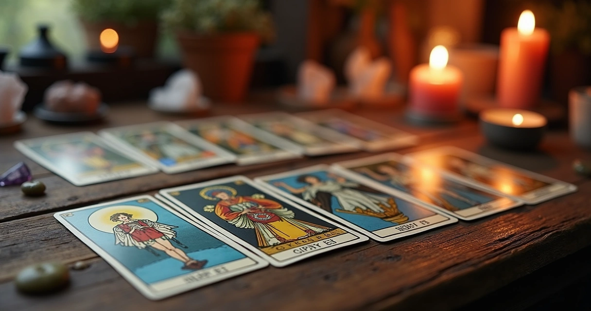 Cartas do baralho cigano dispostas sobre mesa, com algumas cartas visivelmente invertidas