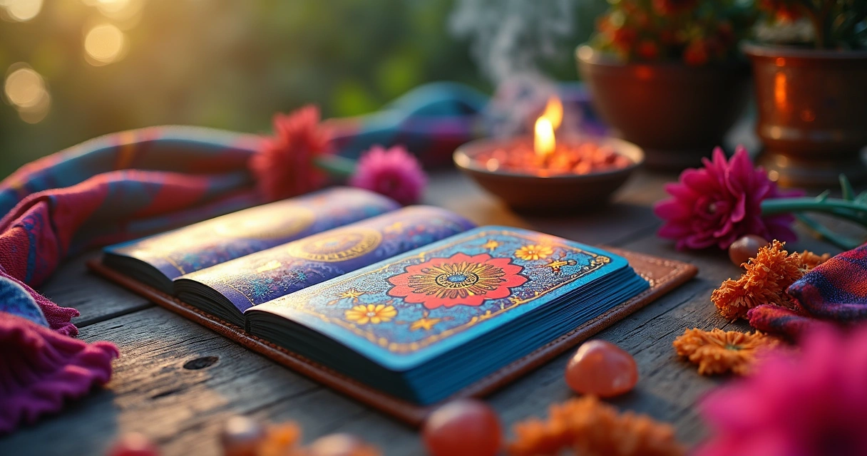 Baralho cigano colorido aberto sobre mesa de madeira