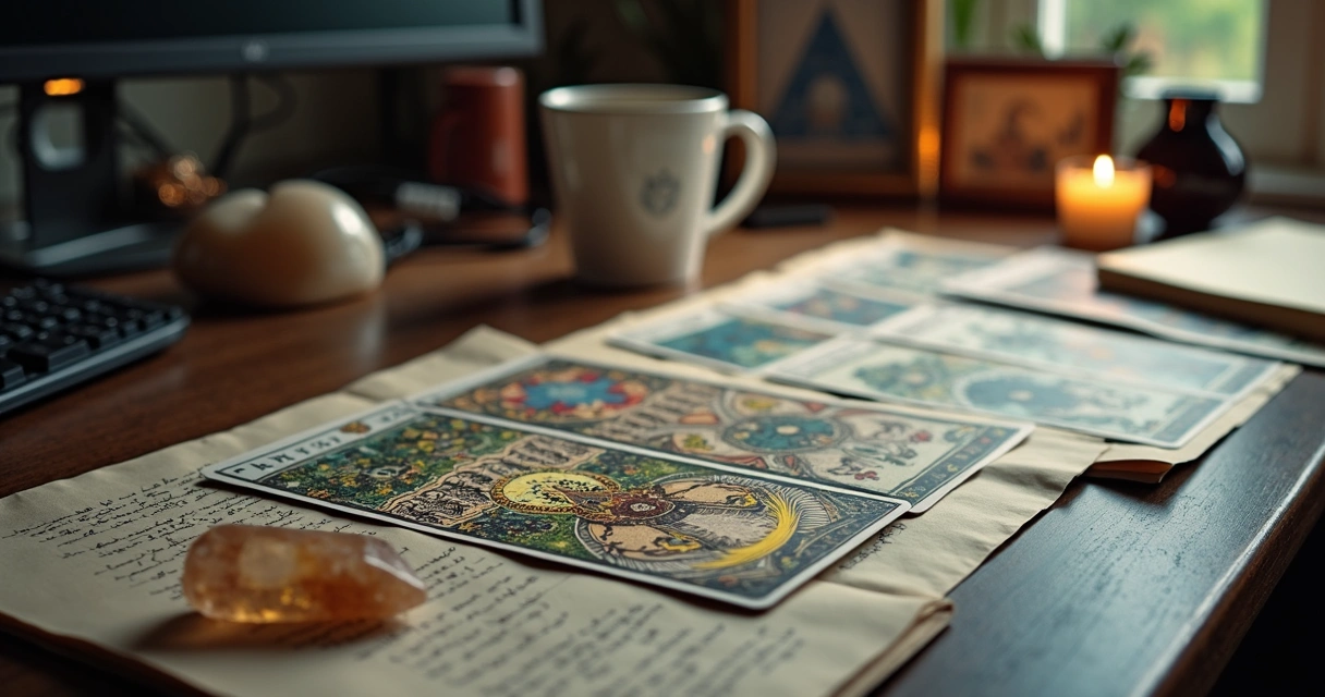 Baralho cigano, cartas espalhadas sobre uma mesa de escritório com luz suave 