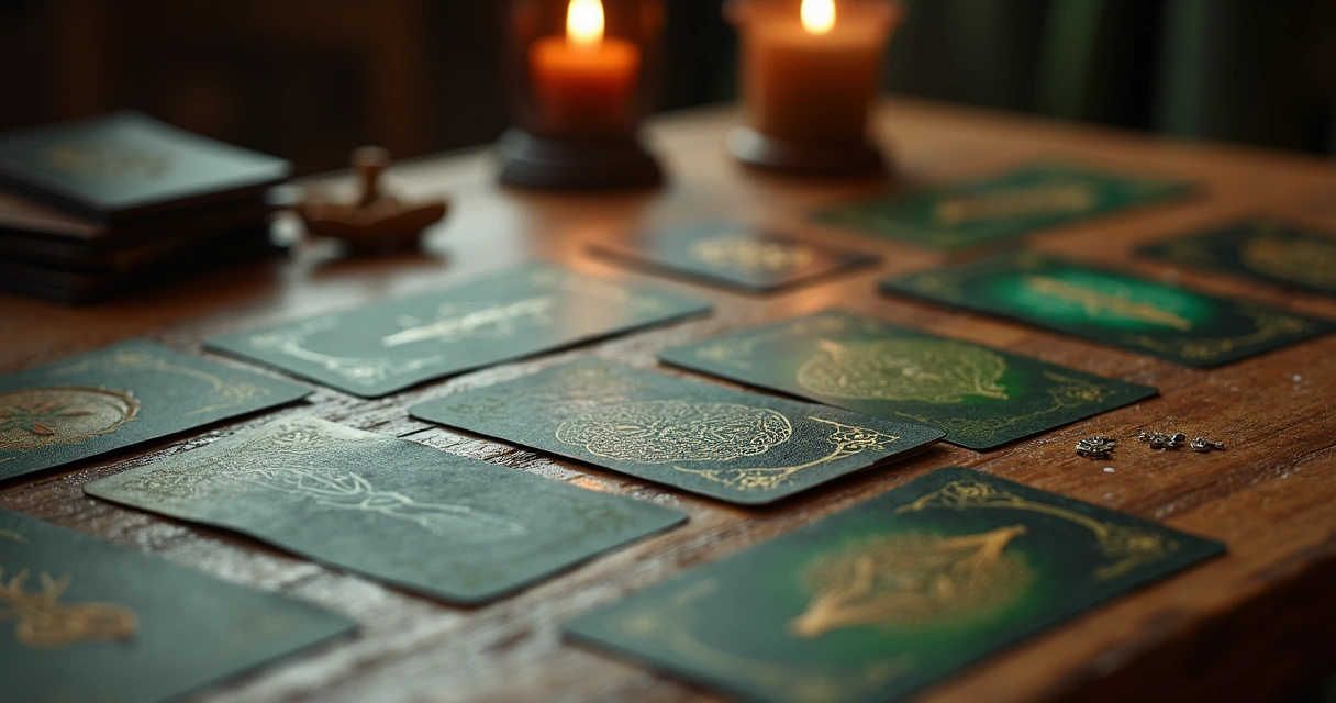 Cartas do baralho cigano espalhadas em uma mesa de madeira, com destaque para a Carta da Árvore 