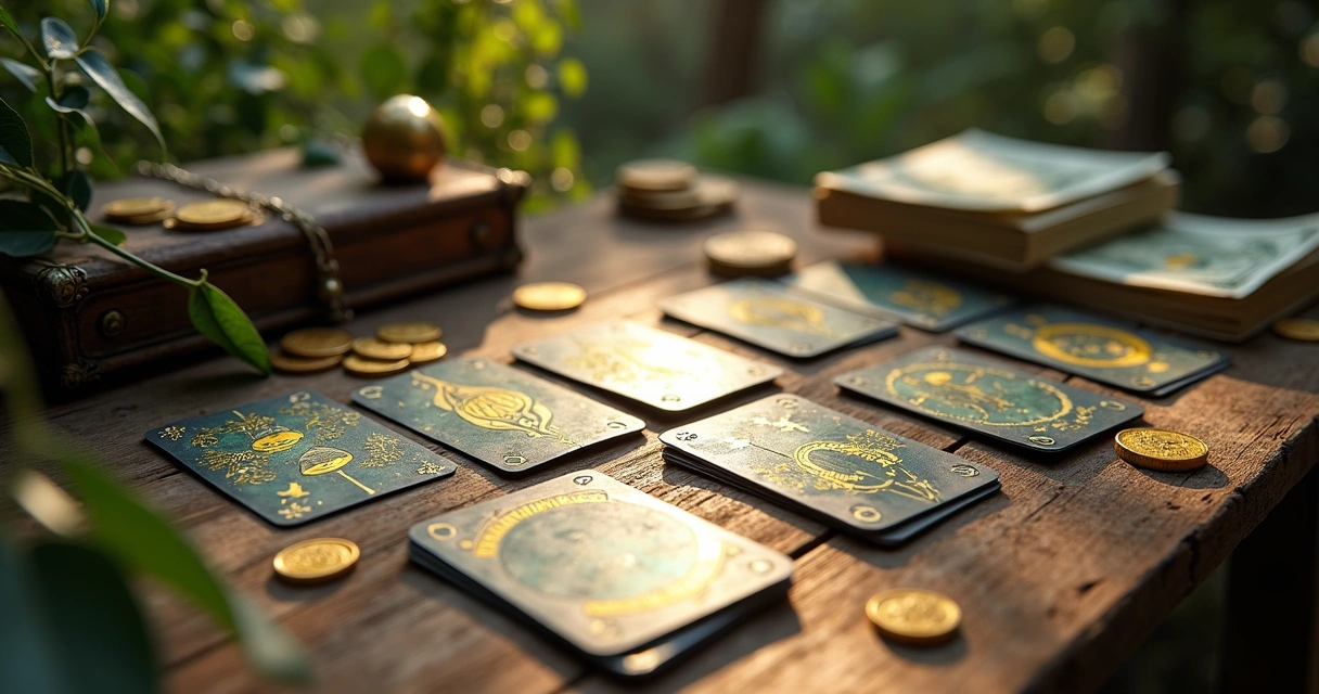 Cartas de baralho cigano estilizadas com moedas douradas em mesa de madeira 
