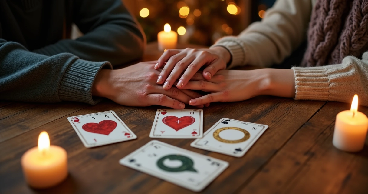 Mesa decorada com cartas de baralho cigano e casal segurando as mãos 