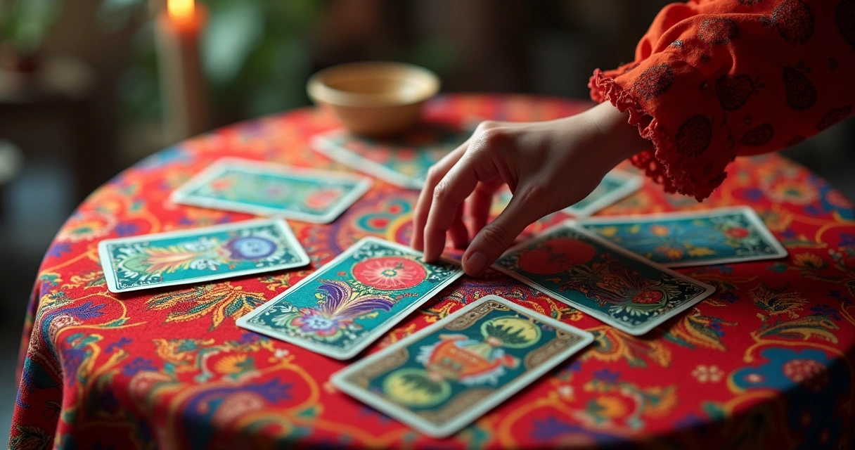 Cartas de baralho cigano na mesa, coloridas 