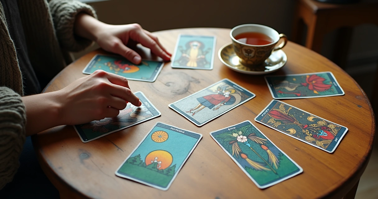 Cartas do baralho cigano dispostas em mesa de madeira 