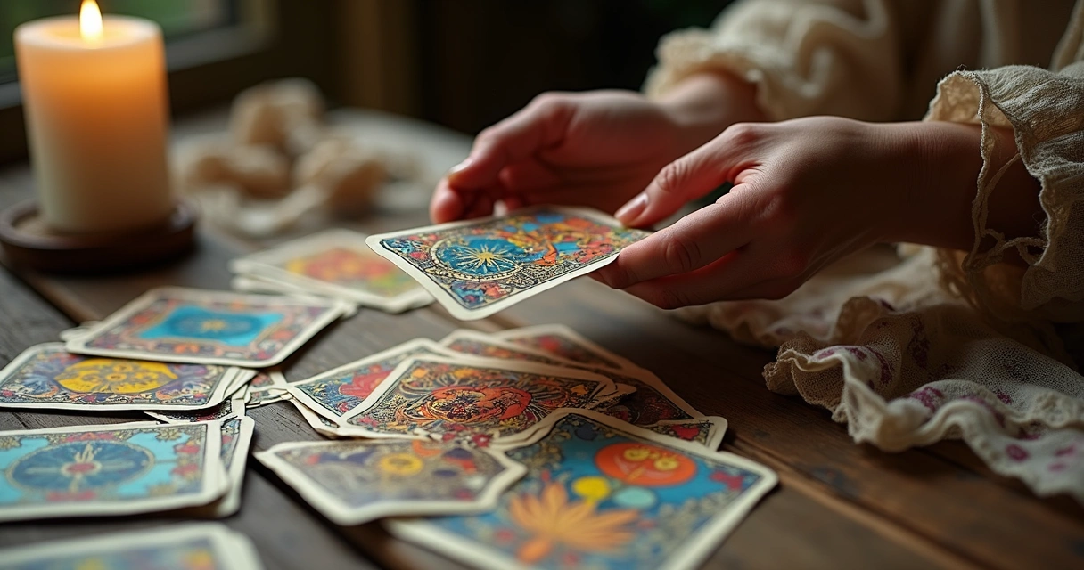 Cartas ciganas na mesa de madeira com mão feminina embaralhando 