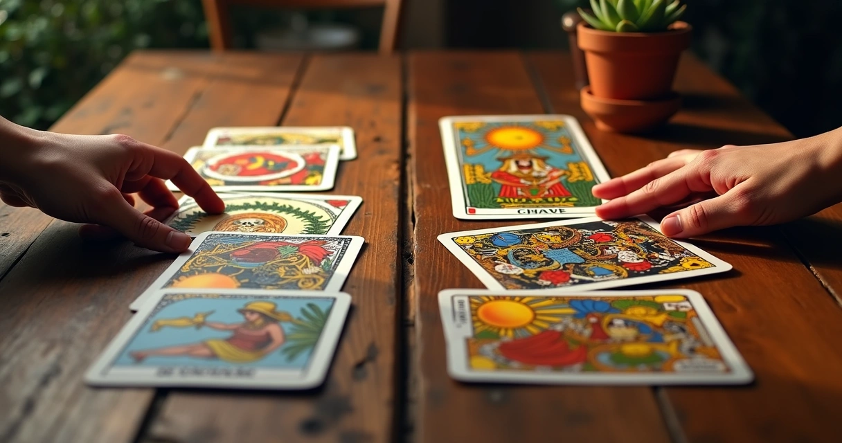 Baralho cigano ao lado de tarot em mesa comparativa 