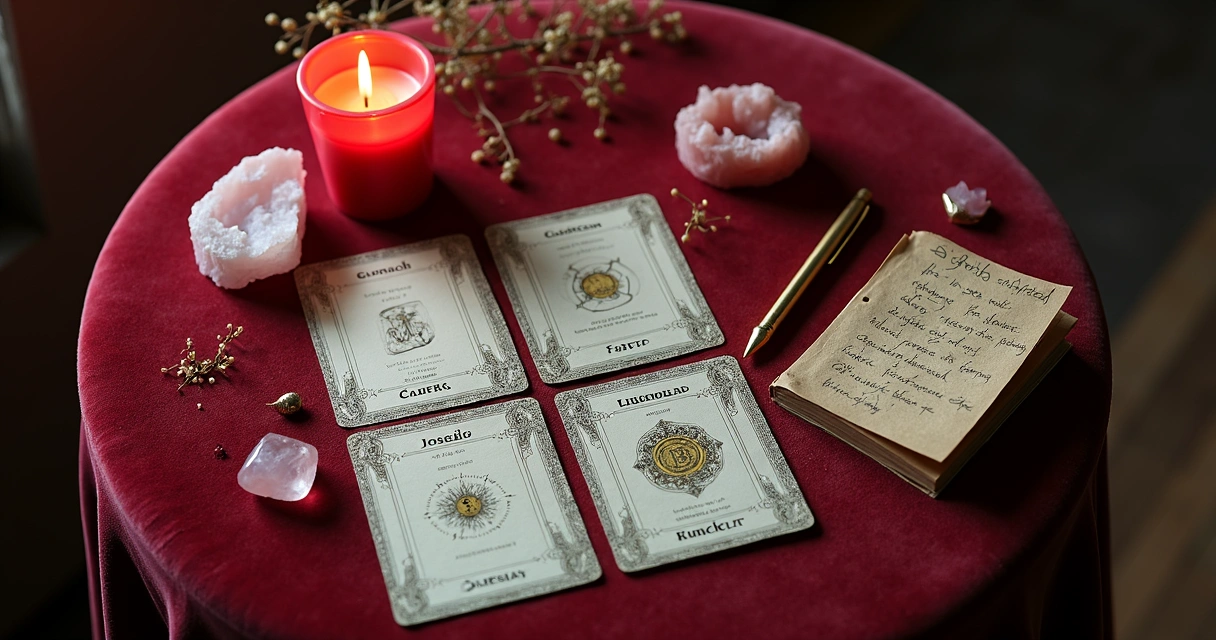 Cartas de baralho cigano, cristais e vela acesa em mesa de veludo vermelho. 