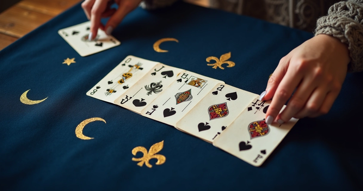 Cartas de baralho comum abertas sobre um pano azul com mão feminina segurando uma carta 