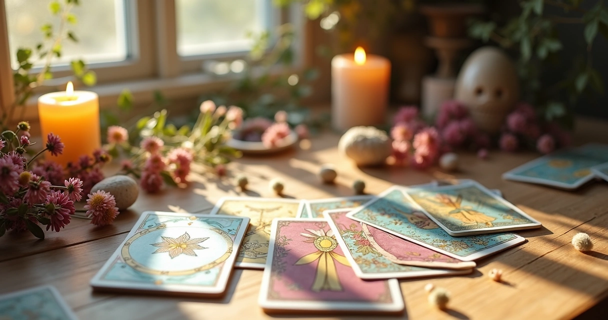 Baralho de fadas sobre mesa decorada com flores