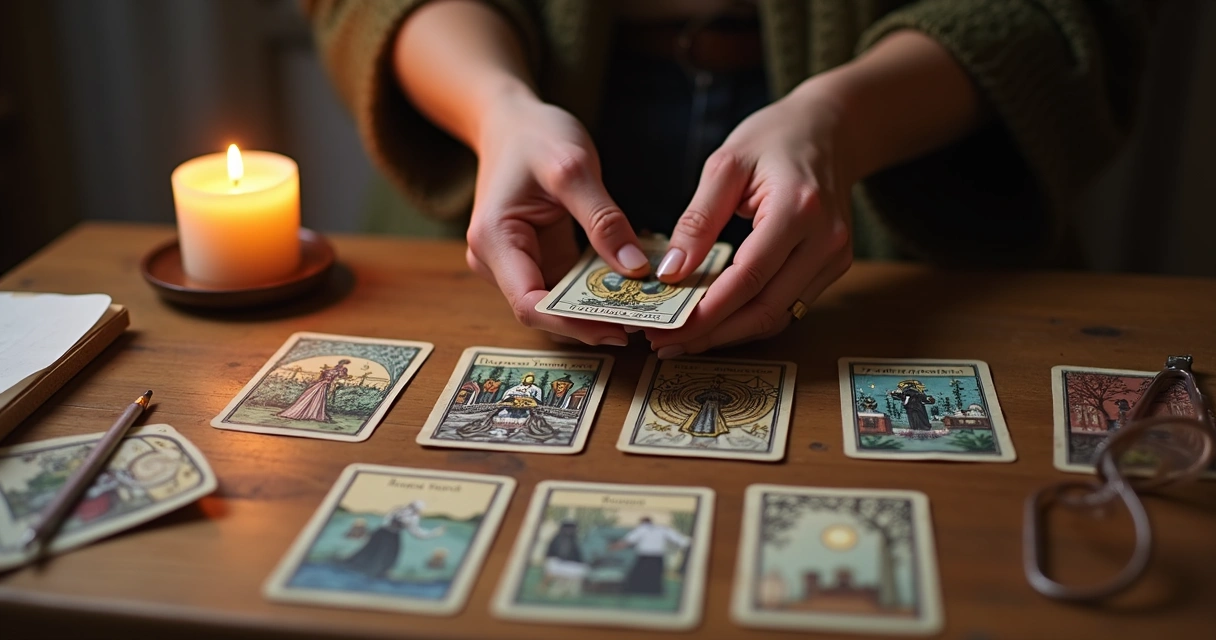 Mesa com cartas do baralho Lenormand, vela acesa e mãos femininas 