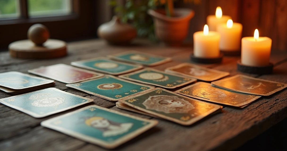 Baralho de cartas de oráculo ao lado de velas acesas sobre mesa de madeira 